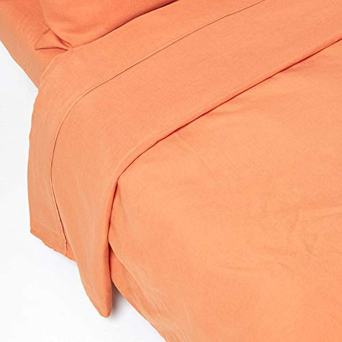 HOMESCAPES Luxury Soft Linen Flat Sheet Plain Burnt Orange Textured Linen Sheet Natural French Flax Fibre Linen & Pure 100% Cotton Blend, Double Size