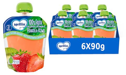 Mellin, Pouch Merenda 100% Fragola e Kiwi con Carota e Vitamina C - 6 Confezioni da 90 gr