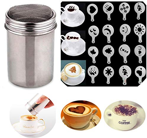 1 x shaker per cioccolato e caffè, shaker per glassa, zucchero in polvere, cacao, farina di cacao, setaccio con 16 forme stencil e stampi da stampa per cappuccino fai da te