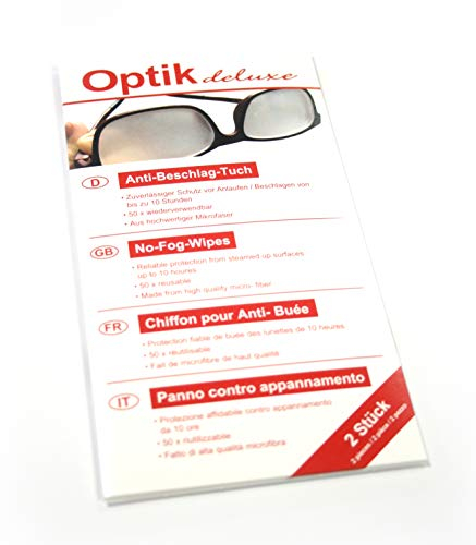 Optik- Deluxe Antibeschlagtuch für Brillen im 2er Set - 200 x wiederverwendbar - funktioniert bei jeder Brille, Autoscheibe & Motorrad-Visier - zuverlässiges Brillentuch gegen beschlagene Gläser