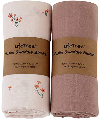 LifeTree Baby Musselin Swaddle Decke Tücher - 2 Stück 120x120cm Bio Baumwolle Baby Pucktücher für Junge und Mädchen