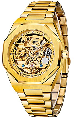 Tiong Automatik Uhr Herren Mechanische Skelett Glasboden Römische Zahlen Diamant Zifferblatt Wasserdicht Schwarz Männer Armbanduhr mit Edelstahl Uhren