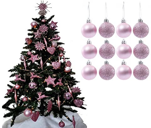 Simply Products Christmas Tree Decoration Baubles 3.8cm - Great Christmas Tree Hanging Ball Decorations, Matte & Glitter Baubles Pack of 12-3.8cm (Blush (Pink) Matte & Glitter)
