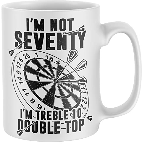 Purple Print House 70th Birthday Darts Mug, Funny 70 Year Old Coffee Cup, Dart Player Bday Gift for Seventy Year Old, Present For Grandad Treble 10 Double Top Tea Mug, One Size, White