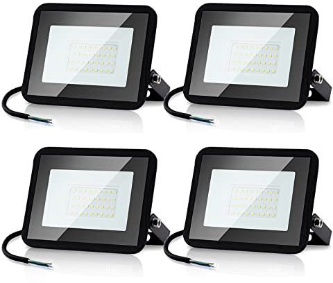 Randaco Lot de 4 spots extérieurs LED 50W Blanc Froid, Projecteur LED extérieur puissant 4250LM 6000K d'éclairage de sécurité, IP66 étanche Éclairage LED pour Cour, allées(sans prise)