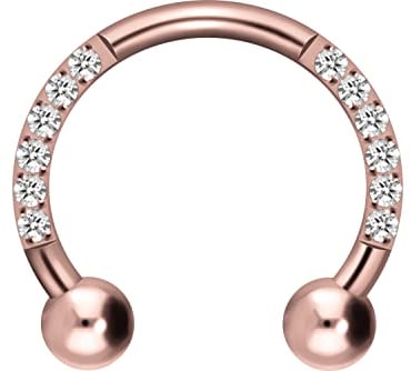 PIERCINGLINE Ohr-Piercing Titan Hufeisenform 10 Kristalle Piercing Nase Septum Helix Tragus Roségoldfarben 8 mm