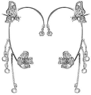 MONEYN Butterfly Tassel Style Zircon Earrings, Sparkling No Piercing Ear Clip, Wrap Flowers Long Cuff Earrings Jewelry Gifts for Women Girls (1 Pair(Left+Right),Silver)