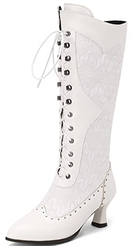 Smilice Stivali da donna Kitten Heel al ginocchio con allacciatura e tacco a blocco, bianco, 39 EU