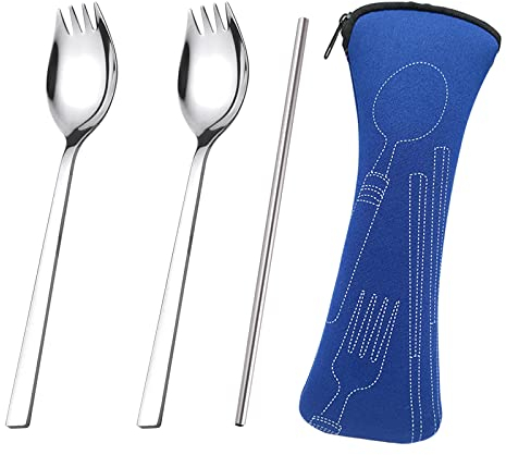 SwirlColor Göffel Edelstahl 2 Stück, Kreativer Camping Löffel Gabel mit Strohhalm Tragbar 2 in 1 Spork Göffel Edelstahl für Pasta Dessert Kuchen