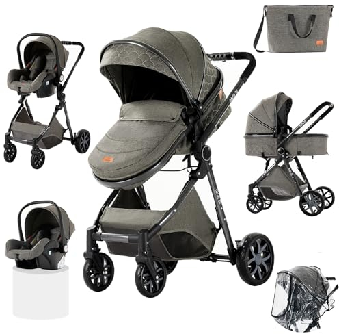 Prokoke Kinderwagen 3 in 1, Buggy mit Umkehrbarem Zwei-Wege-Schub, Kinderwagen Rahmen Aluminiumlegierung, Kombikinderwagen 3 in 1 Einem Klick Faltbar Baby Kleinkind Neugeborene (225 Deep Grey)