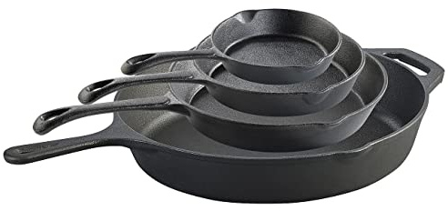 Tornwald-Schmiede Brat Pfannen: 4er-Set Gusseisen-Pfannen mit je 1x Ø 12,5/16,5/21 und 30 cm (Grillpfanne Eisen, Gusseiserne Schmorpfannen, BBQ)