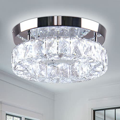 CXGLEAMING 9.8 LED Modern Crystal Chandelier Ceiling Lights Living Room Bedroom Light Fittings Ceilings Flush Small Round Chandelier for Bathroom Hallway Kitchen(Cool White)