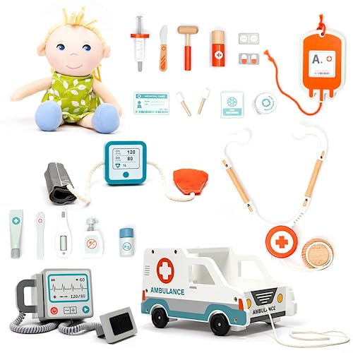 UMU® Kinder Holz Krankenwagen Spielset mit Stethoskop, Blutdruckmessgerät u. v. m., Doktor Spielzeug zum Rollenspiel, 22 STK Set für 3, 4, 5 Jahre alt Mädchen und Jungen