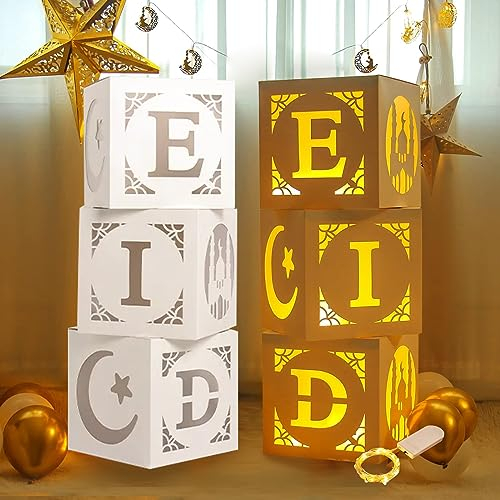 nedit - Dekoration - Dekoration Aid Mubarak - Box Aid Mubarak - Leuchtbox für Ramadan - Weiß - 3 Stück - Buchstabenmuster - Papier - Zusammenklappbar