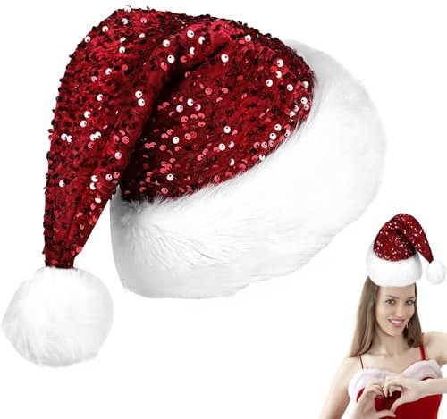 POPOYU Weihnachtsmütze mit Pailletten, rot, flauschige Weihnachtsmannmütze für die Weihnachtsfeier, Pailletten1P