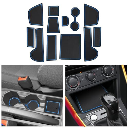 CDEFG Compatible avec VW Polo 6 AW 2019-2022 2023, Polo Tapis de Protection Anti-poussière Antidérapant Coupe Porte Gobelet Tasse Boîte de Bras Caoutchouc Console Centrale Polo MK6 Accessoire (Bleu)