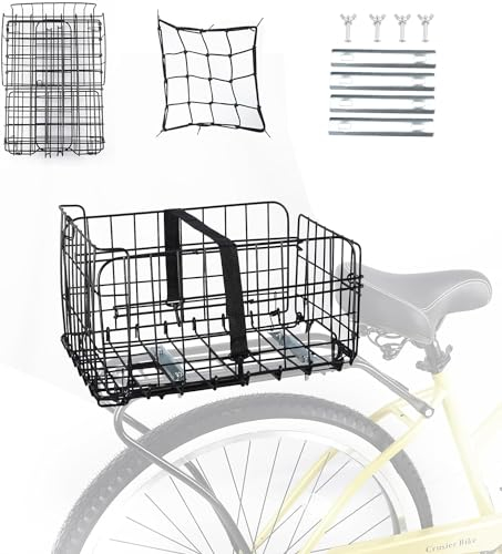 ZUKKA Bike Folding Basket Bicycle Front Basket Bicycle Rear Basket Foldable steel Wire Baskets for Bike Handlebar/Rear Cargo Rack, Black/Silvery (Rear Basket/Black)