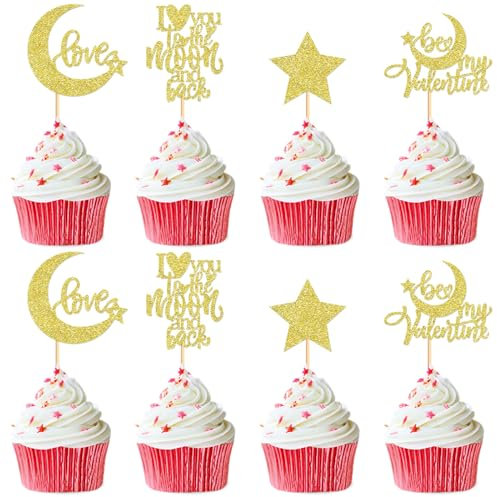 Keaziu 24 Pack Happy Valentines Day Cupcake Toppers Picks be My Valentine I Love You to the Moon and Back for Cake Decorations Valentine's Wedding Party Supplies Moon Gold