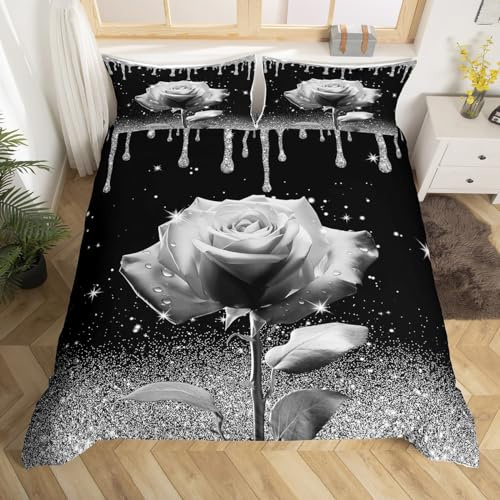 3D Grey Rose Duvet Cover Set King Size, Silver Glitter Print(No Glitter) Bedding Set 3pcs for Kids Boys Girls Room Decor, Grey Flower Comforter Cover Soft Polyester Quilt Cover with 2 Pillowcases