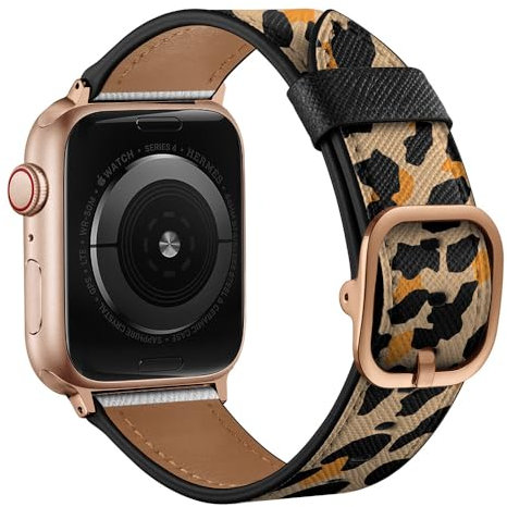 Pulsera para Apple Watch de 38 mm, 40 mm, 41 mm, 42 mm, 44 mm, 45 mm, 49 mm, correa de cuero de acero inoxidable para iWatch 9/8/7/6/5/4/3/2/1/SE Series hombres y mujeres (leopardo amarillo,