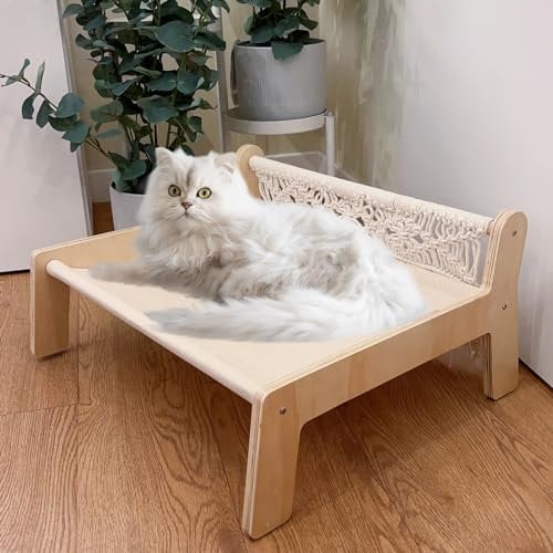 TOYAFUN Boho Cat Hammock Bed - Macrame Elevated Bed for Indoor Cats, Free-Standing Breathable Chair, Wooden Swing Pet Furniture Gift for Cats and Small Dogs