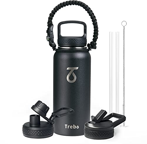 Trebo Insulated 1L Stainless Steel Water Bottle with Straw - Wide Mouth, Double Wall Sports Bottle Keeps Cold for 48 Hours - Includes 3 Lids, Black