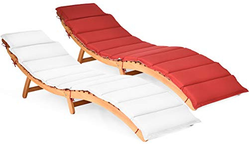 COSTWAY Chaise Longue Pliante en Bois Massif, Bain de Soleil avec Coussin Rembourré à Double Face et Appui-Tête Pliable, Chaise d'Extérieur à Lattes pour Jardin, Pelouse, Piscine, Charge 180 KG