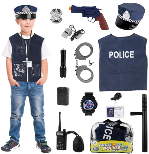 PLLYPE Polizei Kostüm, 13pcs Polizei Ausrüstung, Kostüm Polizei Set mit Polizeimütze Polizei Weste Polizei Handschellen Walkie Talkie Pistole, Halloween Kostüm für Karneval Party