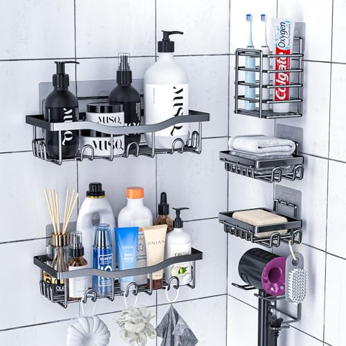 PKPD Rustproof Stainless Steel Shower Caddy 6 Pack, Bathroom Storage Accessory Shelf Organiser No Drilling Hanging, Soap Toothbrush Holder Hair Dryer Shelf Set, Kitchen Wall Mounted Corner Decor,Black