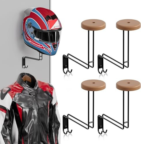 THYGIFTREE Lot de 4 supports muraux pour casque de moto, support mural en bois pour casque de vélo, avec crochet pour manteaux, casquettes, casque de rugby