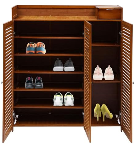 TISTIK 7-Tier Bamboo Shoe Rack Double Cabinet Doors Shoe Organizer Freestanding Large Capacity Shoes Storage Shelf Wide Top Platform for Entryway Closet Bedroom