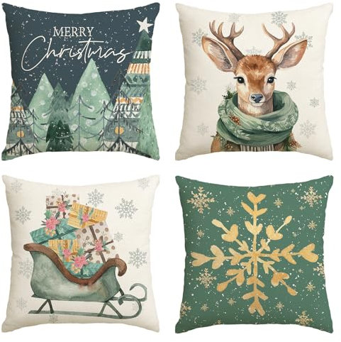 Artoid Mode Bäume Rentier Schlitten Schneeflocken Frohe Weihnachten Kissenbezüge 4er Set, 40x40 cm Christmas Zierkissenbezug Cushion Cover Couch Deko
