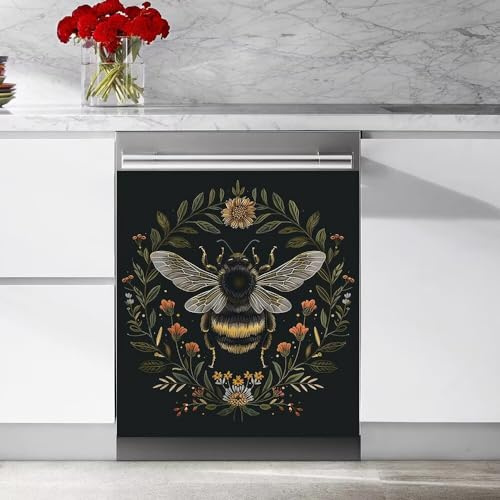 Flower and Bee Pattern Dishwasher Magnetic Cover Sticker Refrigerator Fridge Magnet Panel Decal Magnets Home Kitchen Fridge Front Door Cover 23W x 26H inchs