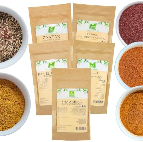 Marokkanisches und Arabisches Gewürzset von der Grünen Essenz 5er Pack - Ras El Hanout - Shawarma - Zatar - Sumach - Harissa - natürlichen Gewürzmischungen für orientalische Gerichte