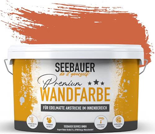 SEEBAUER diy Wandfarbe Orange 2,5L für Innen (No. 500 Bali Sunset) Edelmatte orange Innenfarbe - Orangetöne sehr hohe Deckkraft - Matt, Abwaschbar und Tropffrei