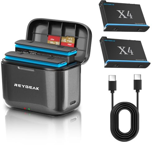 REYGEAK Wiederaufladbarer Lithium-Akku für Insta360 X4, 2 x 2500 mAh Hochleistungs-Akkus mit Ladegerät für insta360 X4 (Ladegerät + 2 Akkus