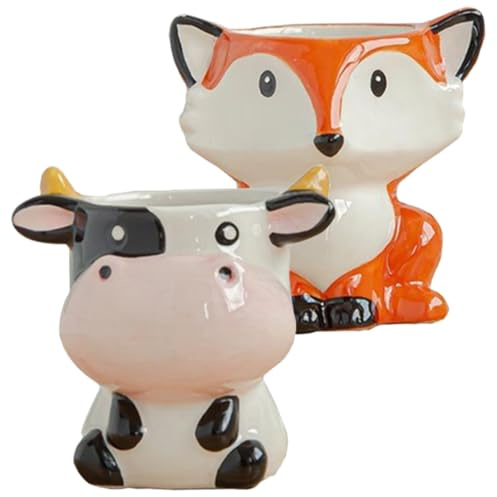 INOOMP Animal Shape Ceramic Succulent Plant Pots Set of 2, Cute Cow and Fox Design Small Bonsai Planters for Indoor Office Decor, Nordic Style, Creative Children’s Flowerpots