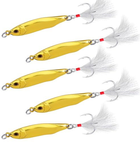 Alovez 5Pcs Sea Fishing Lure with Treble Hooks, Gold Sea Fishing Lures for Fishing, Fishing Lure, Sea Fishing Tackle, Trout Lures, Sea Bass Lures, Pike Fishing Lures