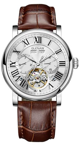 Reloj automático Tourbillon vintage para hombre, correa de cuero negro, esfera romana esqueleto, calendario de día, fecha, resistente al agua hasta 30 ATM, manecillas luminosas, reloj clásico y