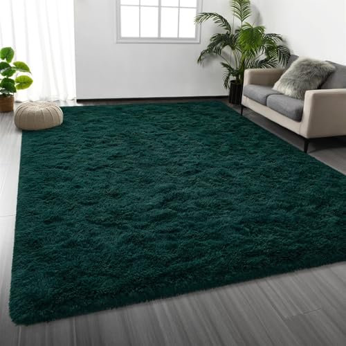 Heavyoff Hochflor Teppich Wohnzimmer rutschfest Fellteppich Shaggy Flauschig Anti-Rutsch Moderner Teppiche für Schlafzimmer Kinderzimmer, Dunkelgrün, 60x120cm