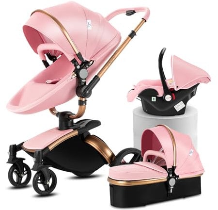 Doraystar 360° Drehung PU-Leder Kinderwagen 3 in 1, Kombikinderwagen 3 in 1 mit Zwei Umkehrbaren Schiebemodi, Kinderwagen Komplettset mit Ein-Klick-Faltdesign, Rahmen Aluminiumlegierung (906 Pink)