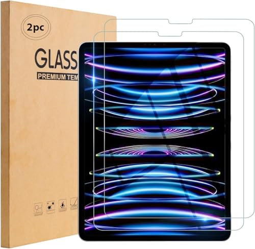 World Biz [Lot de 2] protecteurs d'écran pour iPad Pro 12,9 2022/2021/2020/2018 (6e/5e/4e/3ème modèles), compatible Face ID, film en verre trempé 9H, anti-rayures, iPad 12,9