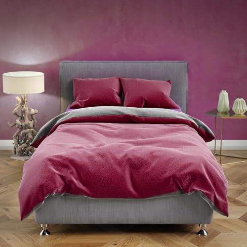 Buymax Teddy-Fleece Bettwäsche 155x220 cm Winter Flausch Plüsch 2 teilig Winterbettwäsche Fleece Reißverschluss Kissenbezug 80x80 cm, Unifarben, Bordeaux, Grau