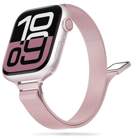 Tuocal Cinturino sottile compatibile con Apple Watch da 42 mm, 44 mm, 45 mm, 49 mm, sottile maglia milanese in metallo, per Apple Watch Ultra 2 / Ultra Series 10 9 8 7 6 5 4 3 2 1 SE da donna, rosa