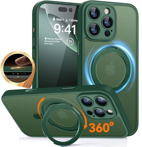 CANSHN Magnetic for iPhone 16 Pro Case (6.3) with 360° Spin Stand[Camera Control], Upgraded [Full Camera Protection] [Compatible with Magsafe] Translucent Matte Phone Cover, Deep Green