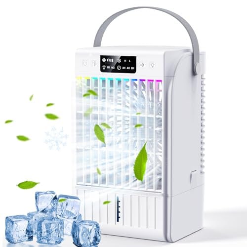 Portable Air Cooler, 1500ML 4 In 1 Small Evaporative Cooler with Timer, Personal Mini Air Conditioner, 4 Speeds & 2 Spray Modes & 7-Color LED Quiet Misting Fan, Air Coolers for Home Office Dorm