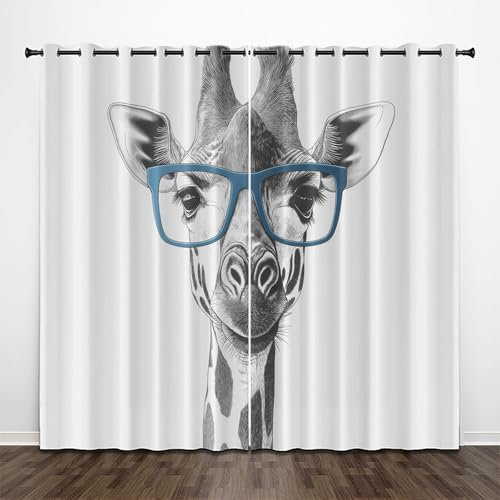 CEDNXOER Thermovorhang Graue Giraffe Verdunklungsvorhänge Ösen 2er Set H 200 x B 70 cm Tiere Brillen Schlafzimmer Gardinen und Vorhänge, Weiß Blickdicht Wärmevorhang Kälteschutz Tür Gardine