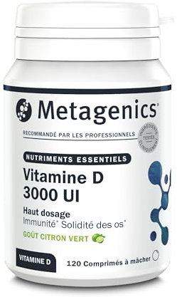 Metagenics Vitamine D3 3000 UI - Haute Dose 75 µg - Soutien Immunitaire & Santé des Os - Sans Gluten, Sans Lactose, Végétarien - 120 Comprimés à Mâcher Goût Citron Vert - 4 Mois