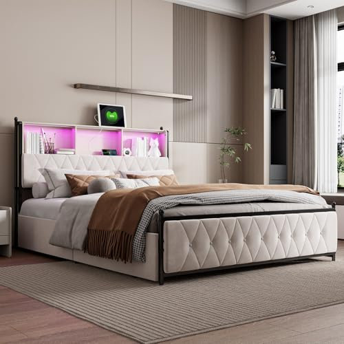 Bett für Erwachsene mit 4 Schubladen, Bett mit Schubladen mit LED, gepolstertes Doppelbett, 2-Sitzer mit Lattenrost, USB Ladeanschluss, geeignet für Jugendliche, Samt, Beige (180 x 200 cm)