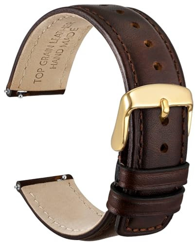 WOCCI 20mm Uhrenarmband für Herren und Damen, Echtes Leder - Top Genarbtes Leder, Schnellverschluss, Goldene Schnalle (Dunkelbraun)